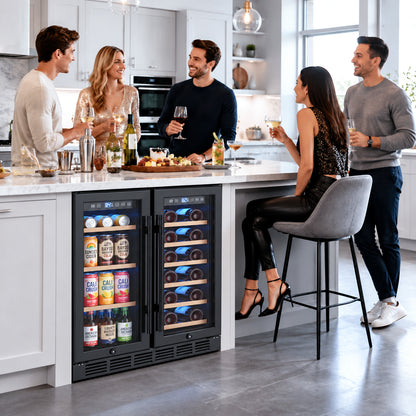 Snowyermine 24 inch Dual Zone Wine & Beverage Refrigerator, Built-in & Freestanding Wine Cooler with Glass French Door, Black for Home or Bar