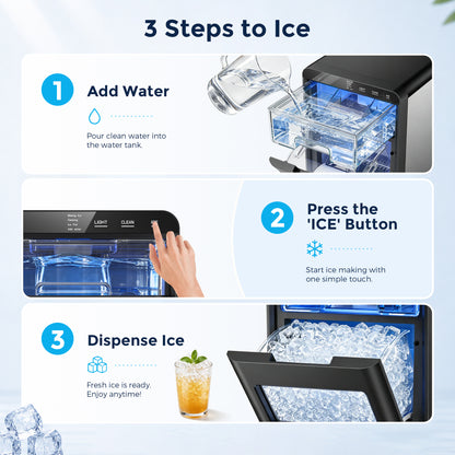 Snowyermine Nugget Ice Maker Countertop, 44 lbs per Day, Soft, Chewable Sonic-Style Pebble Ice, One-Touch Self-Cleaning, Stainless Steel, Black, for Home, Kitchen, Office, RV and Camping