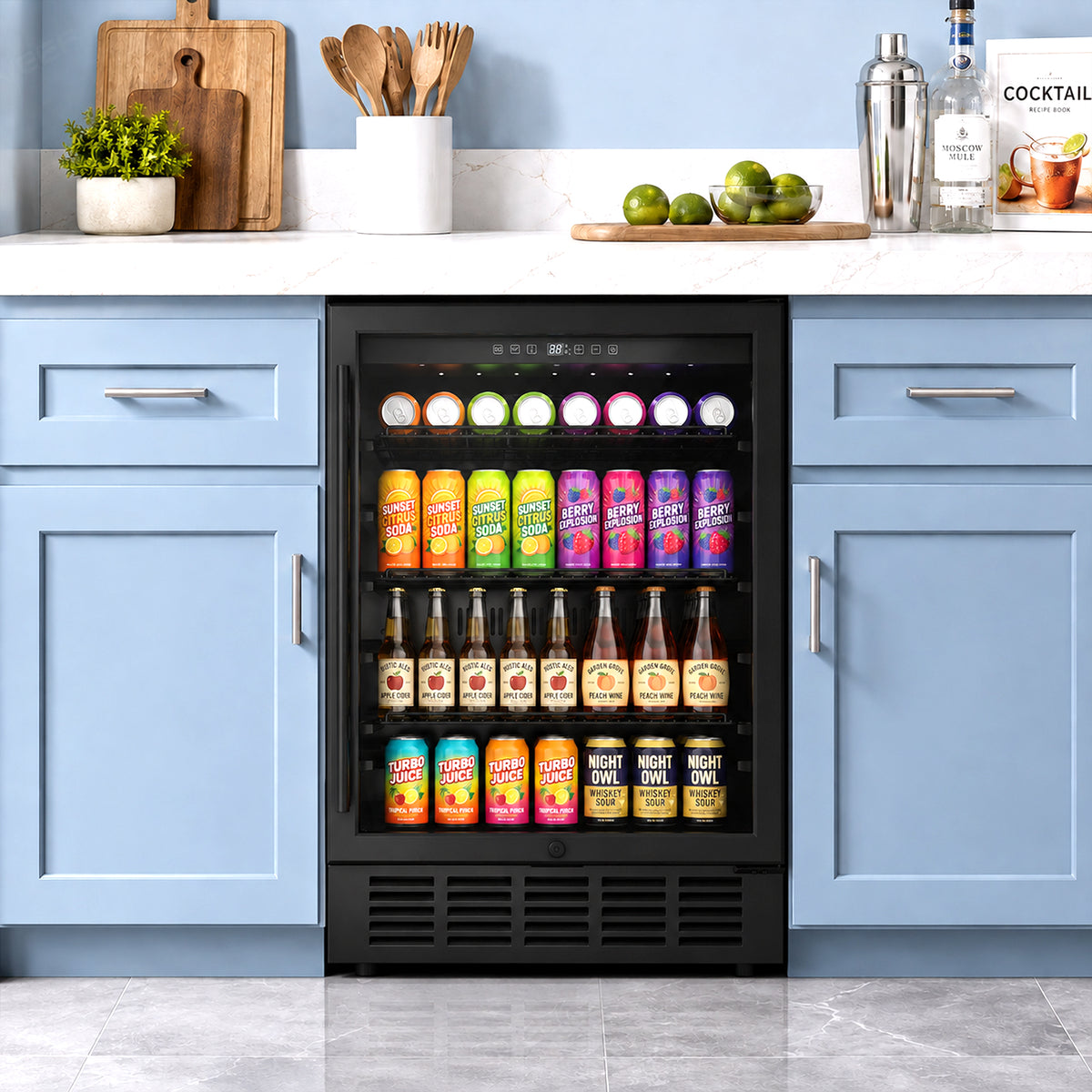 Snowyermine 24 inch Built-In & Freestanding Beverage Refrigerator with Glass Door, Adjustable Temperature Drink Cooler for Home/Office/Bar, Black