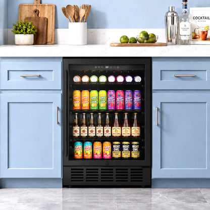 Snowyermine 24 inch Built-In & Freestanding Beverage Refrigerator with Glass Door, Adjustable Temperature Drink Cooler for Home/Office/Bar, Black