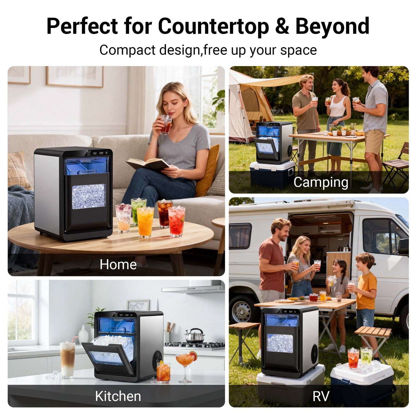 Snowyermine Countertop Nugget Ice Maker, 44 lbs/Day, Chewable Pebble Ice Machine with Self-Cleaning, for Home, Kitchen and Office, Stainless Steel Silver