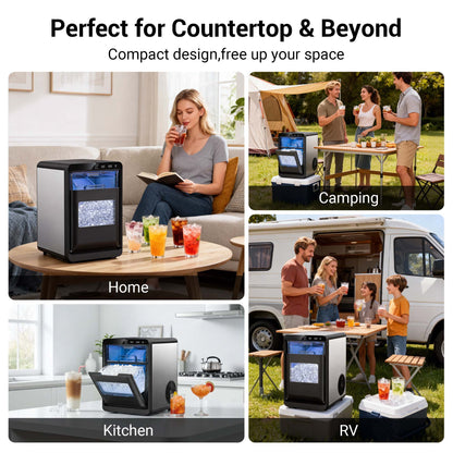 Snowyermine Countertop Nugget Ice Maker, 44 lbs/Day, Chewable Pebble Ice Machine with Self-Cleaning, for Home, Kitchen and Office, Stainless Steel Silver