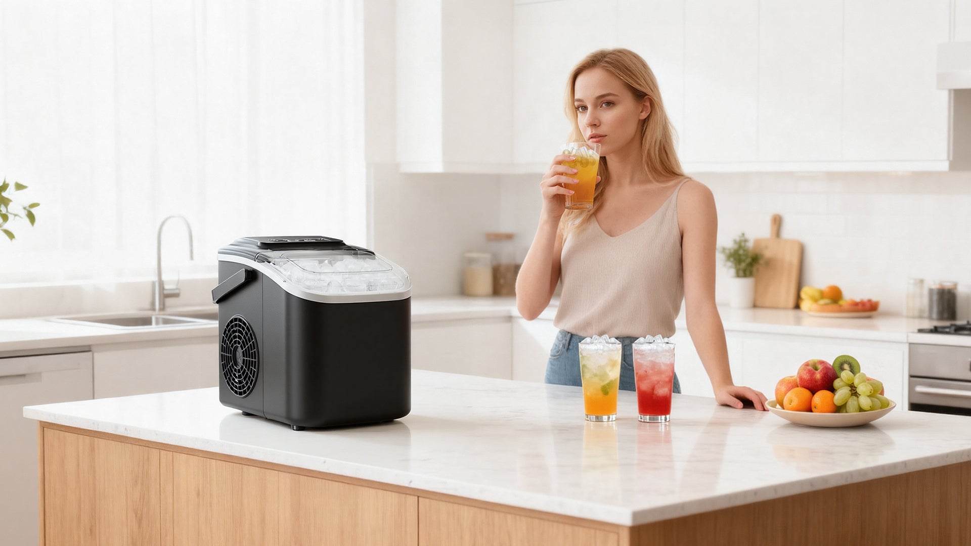 Snowyermine Bullet Ice Maker on kitchen counter with fresh ice, woman enjoying a drink, ideal for home use, quick ice production for refreshing beverages.