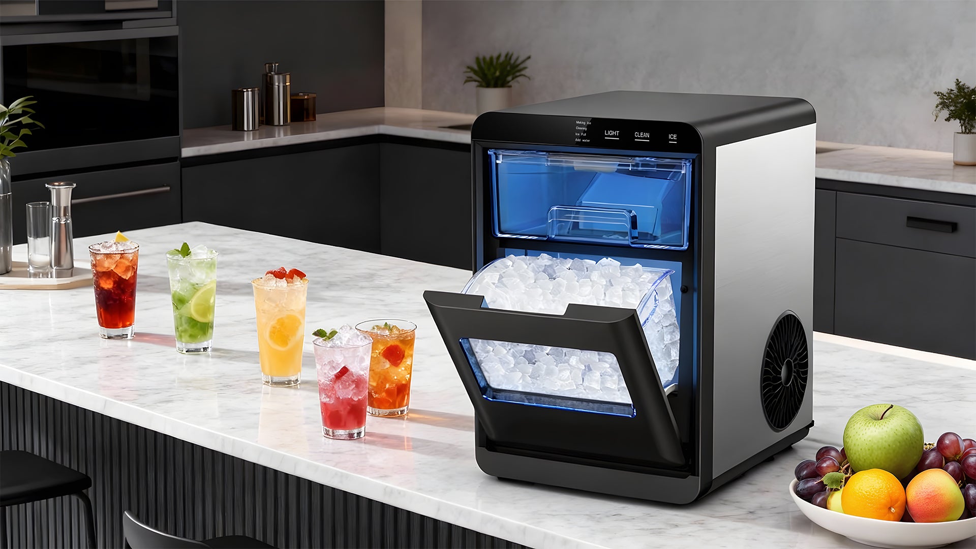 Snowyermine Nugget Ice Maker in a modern kitchen, producing fresh nugget ice, perfect for refreshing beverages and cocktails. Stylish and efficient ice solution for home or office.